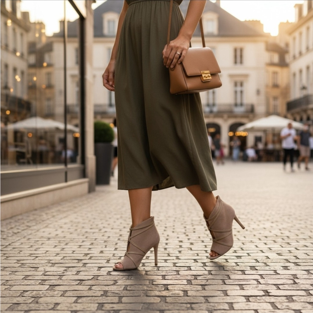 Journee Collection Samara Peep Toe Stiletto Heel Sandals Bootie 10 M Taupe Khaki